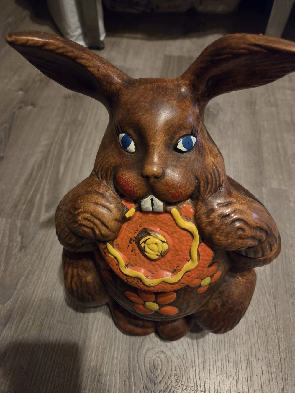 Vintage Brown Bunny Cookie Jar with Orange Flower Decorative Accent